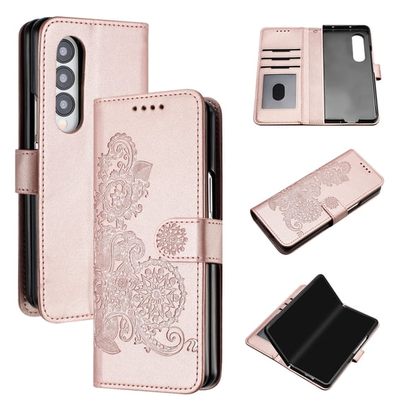 Wallet Case for Samsung Galaxy Z Fold 3, PU Leather Flip Protective Phone Case Card Slots Holder Pocket Emboss Flower Stand Magnetic Book Case for Samsung Galaxy Z Fold 3 - Rosegold