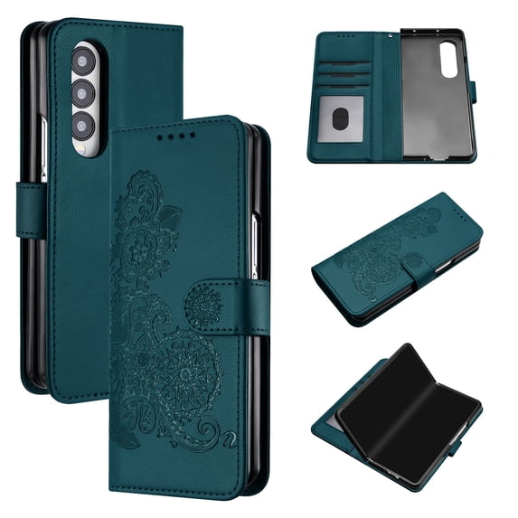 Wallet Case for Samsung Galaxy Z Fold 3, PU Leather Flip Protective Phone Case Card Slots Holder Pocket Emboss Flower Stand Magnetic Book Case for Samsung Galaxy Z Fold 3 - Darkgreen