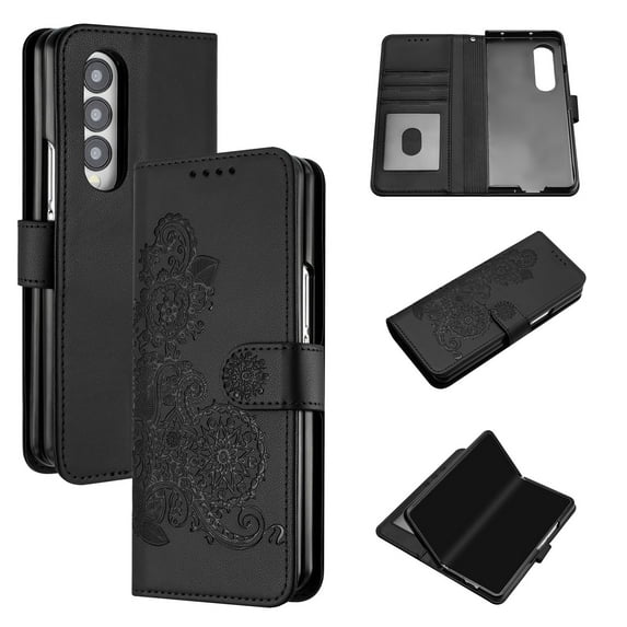 Wallet Case for Samsung Galaxy Z Fold 3, PU Leather Flip Protective Phone Case Card Slots Holder Pocket Emboss Flower Stand Magnetic Book Case for Samsung Galaxy Z Fold 3 - Black