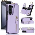 thumbnail image 1 of Wallet Case for Samsung Galaxy Z Fold 3, Premium Vintage PU Leather Magnetic Closure Handbag Zipper Pocket Case Kickstand Card Holder Slots with Ring Hook Shockproof Flip Cover, Purple, 1 of 8