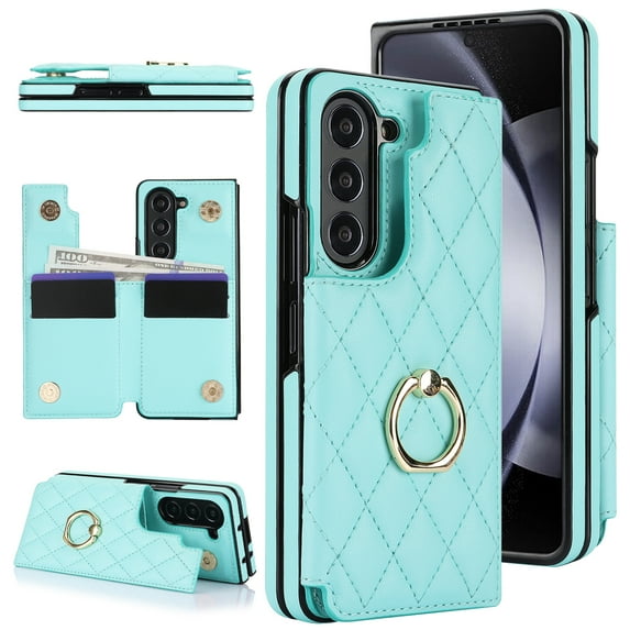 Wallet Case for Samsung Galaxy Z Fold 3 with Ring Stand, Luxury Soft Rhomboid for Women Men PU Leather Wallet Card Holder Durable Shockproof Protective Cover for Galaxy Z Fold 3, Mint