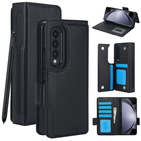 Wallet Case for Samsung Galaxy Z Fold 3 with S-Pen Holder and Credit Card Slots, Premium PU Leather RFID Blocking Magnetic Closure Flip Phone Case Cover for Samsung Galaxy Z Fold 3, Black