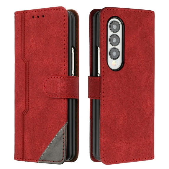 Wallet Case for Samsung Galaxy Z Fold 3, Vintage PU Leather Flip Case Card Slots Holder Cash Pocket, Kickstand Book Folding Folio Phone Cover with Wrist Strap for Samsung Galaxy Z Fold 3 - Red