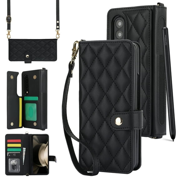 Wallet Case for Samsung Galaxy Z Fold 3 with Wrist Strap, Crossbody Shoulder Strap, Card Slots Purse Cover, Luxury PU Leather Stand Shockproof Phone Case for Samsung Galaxy Z Fold 3, Black