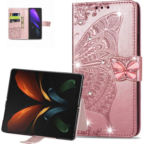 Wallet Case for Samsung Galaxy Z Fold 4 5G, 3D Butterfly Flower PU Leather with Credit Card Slots Holder Magnetic Closure Folio Phone Cover for Samsung Galaxy Z Fold 4 5G Rhinestone Rose Gold