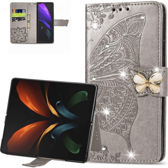 Wallet Case for Samsung Galaxy Z Fold 4 5G, 3D Butterfly Flower PU Leather with Credit Card Slots Holder Magnetic Closure Folio Phone Cover for Samsung Galaxy Z Fold 4 5G Rhinestone Grey