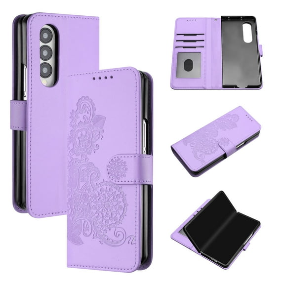 Wallet Case for Samsung Galaxy Z Fold 4, PU Leather Flip Protective Phone Case Card Slots Holder Pocket Emboss Flower Stand Magnetic Book Case for Samsung Galaxy Z Fold 4 - Purple