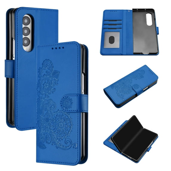 Wallet Case for Samsung Galaxy Z Fold 4, PU Leather Flip Protective Phone Case Card Slots Holder Pocket Emboss Flower Stand Magnetic Book Case for Samsung Galaxy Z Fold 4 - Darkblue