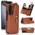 thumbnail image 1 of Wallet Case for Samsung Galaxy Z Fold 4, Premium Vintage PU Leather Magnetic Closure Handbag Zipper Pocket Case Kickstand Card Holder Slots with Ring Hook Shockproof Flip Cover, Brown, 1 of 8