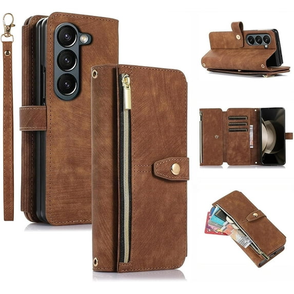 Wallet Case for Samsung Galaxy Z Fold 5 5G, 9 Card Slots Retro Leather Wallet Shockproof Flip Cover with Hand Strap Card Slots Zipper Pocket Kickstand Handbag Magnetic Closure - Retro Brown