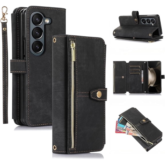 Wallet Case for Samsung Galaxy Z Fold 5 5G, 9 Card Slots Retro Leather Wallet Shockproof Flip Cover with Hand Strap Card Slots Zipper Pocket Kickstand Handbag Magnetic Closure - Retro Black