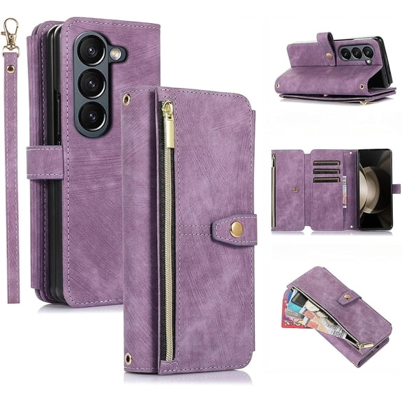 Wallet Case for Samsung Galaxy Z Fold 5 5G, 9 Card Slots Retro Leather Wallet Shockproof Flip Cover with Hand Strap Card Slots Zipper Pocket Kickstand Handbag Magnetic Closure - Retro Purple