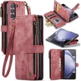 thumbnail image 1 of Wallet Case for Samsung Galaxy Z Fold 5 5G, Premium Handmade PU Leather Phone Case Card Slots Magnetic Closure Zipper Pocket Kickstand Flip Case with Hand Strap - Vintage Red, 1 of 14