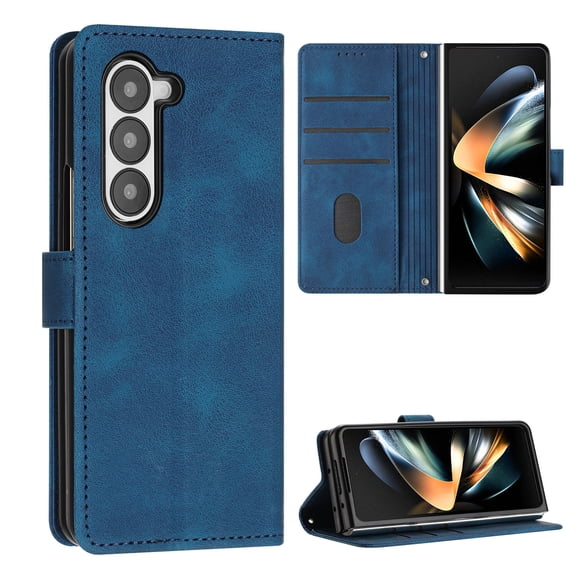 Wallet Case for Samsung Galaxy Z Fold 5, Built-in Card Holder Flip Folio Classic PU Leather Cover with Wrist Hand Strap Kickstand Full Protection Shockproof Anti-Scratches Case, Blue