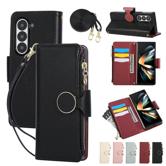 Wallet Case for Samsung Galaxy Z Fold 5 with Card Holder PU Leather Magnetic Clasp Zipper Pocket Crossbody Phone Case with Wrist Strap Shoulder Strap Fit for Samsung Galaxy Z Fold 5, Black