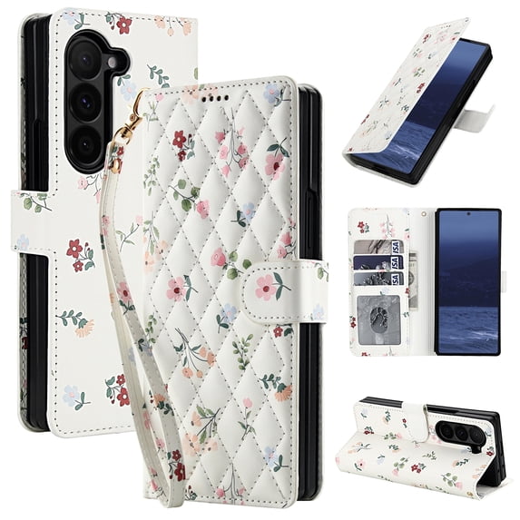 Wallet Case for Samsung Galaxy Z Fold 5, Flower PU Leather Durable Phone Case Kickstand Flip Case with Card Slots Wrist Strap Pattern Magnetic Closure Protective Case for Galaxy Z Fold 5 - A