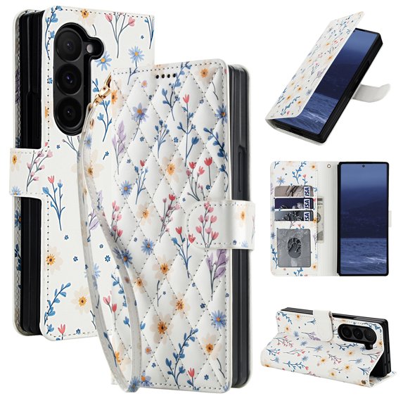 Wallet Case for Samsung Galaxy Z Fold 5, Flower PU Leather Durable Phone Case Kickstand Flip Case with Card Slots Wrist Strap Pattern Magnetic Closure Protective Case for Galaxy Z Fold 5 - E