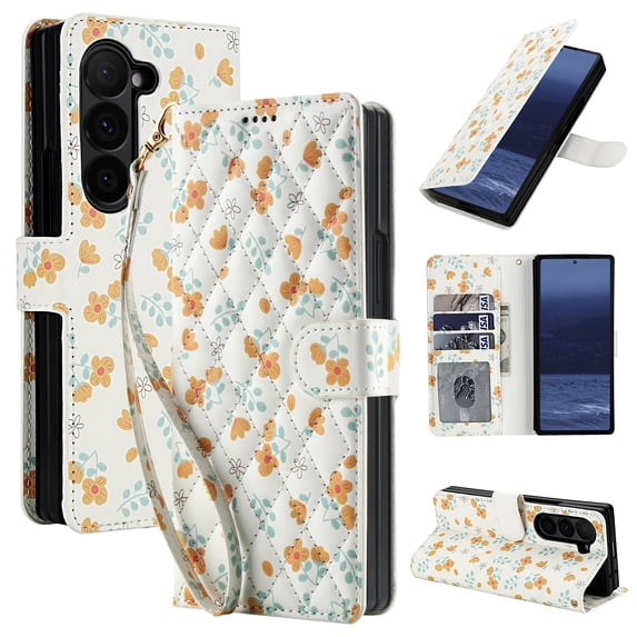 Wallet Case for Samsung Galaxy Z Fold 5, Flower PU Leather Durable Phone Case Kickstand Flip Case with Card Slots Wrist Strap Pattern Magnetic Closure Protective Case for Galaxy Z Fold 5 - C