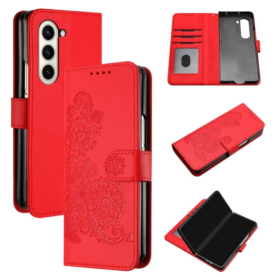 Wallet Case for Samsung Galaxy Z Fold 5, PU Leather Flip Protective Phone Case Card Slots Holder Pocket Emboss Flower Stand Magnetic Book Case for Samsung Galaxy Z Fold 5 - Red