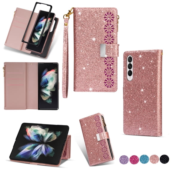 Wallet Case for Samsung Galaxy Z Fold 5, Retro 9 Card Holder Slots Zipper Pocket Handbag Case PU Leather Magnetic Closure Kickstand with Wrist Strap TPU Shockproof Flip Case,Rosegold