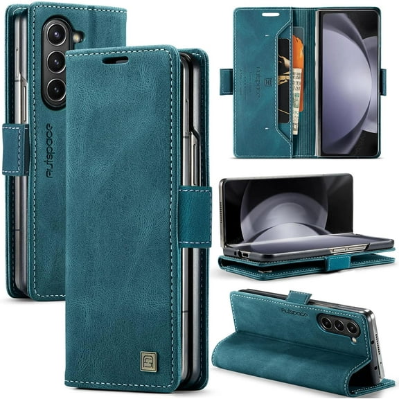Wallet Case for Samsung Galaxy Z Fold 5, Retro Matte Premium PU Leather Magnetic Flip Folio Case with RFID Blocking Card Slots Durable TPU Shell Kickstand Phone Cover Protective Case - Blue
