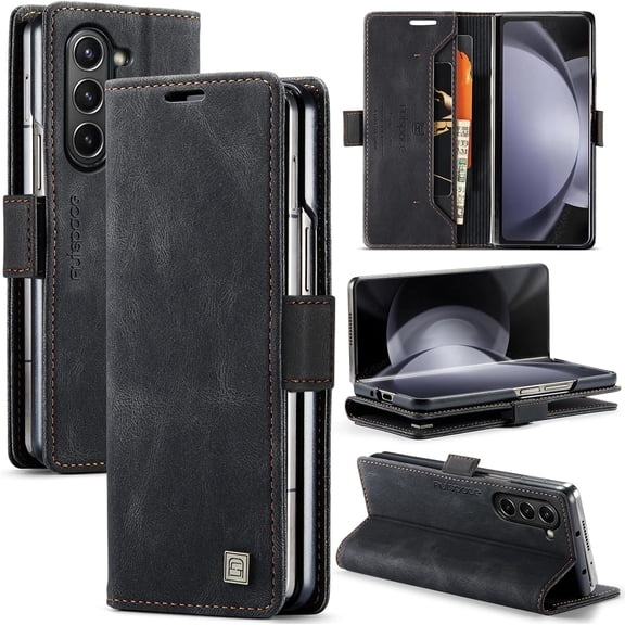 Wallet Case for Samsung Galaxy Z Fold 5, Retro Matte Premium PU Leather Magnetic Flip Folio Case with RFID Blocking Card Slots Durable TPU Shell Kickstand Phone Cover Protective Case - Black