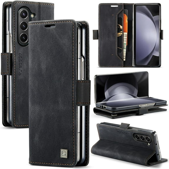 Wallet Case for Samsung Galaxy Z Fold 5, Retro Matte Premium PU Leather Magnetic Flip Folio Case with RFID Blocking Card Slots Durable TPU Shell Kickstand Phone Cover Protective Case - Black