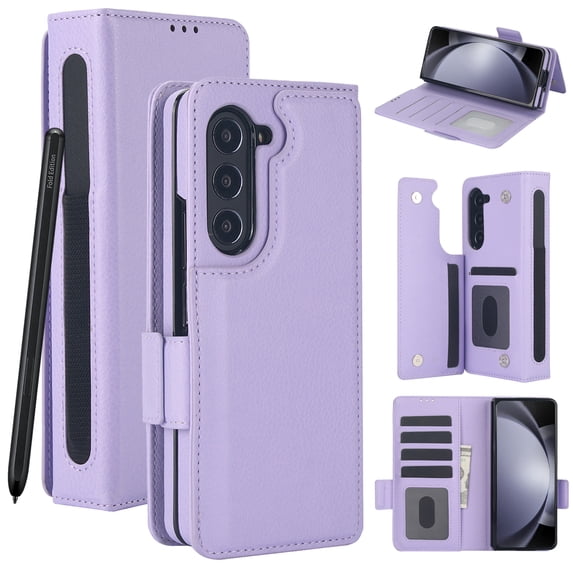 Wallet Case for Samsung Galaxy Z Fold 5 with S-Pen Holder and Credit Card Slots, Premium PU Leather RFID Blocking Magnetic Closure Flip Phone Case Cover for Samsung Galaxy Z Fold5, Purple