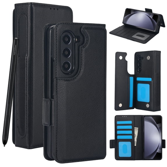 Wallet Case for Samsung Galaxy Z Fold 5 with S-Pen Holder and Credit Card Slots, Premium PU Leather RFID Blocking Magnetic Closure Flip Phone Case Cover for Samsung Galaxy Z Fold5, Black