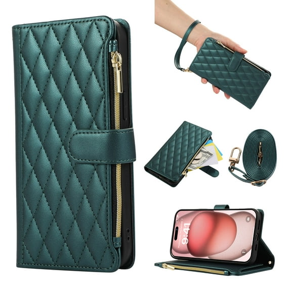 Wallet Case for Samsung Galaxy Z Fold 5 with Wrist Strap, Crossbody Shoulder Strap, Card Slots Zipper Purse Luxury PU Leather Stand Phone Cover for Samsung Galaxy Z Fold 5 - Darkgreen