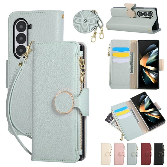 Wallet Case for Samsung Galaxy Z Fold 6 with Card Holder PU Leather Magnetic Clasp Zipper Pocket Crossbody Phone Case with Wrist Strap Shoulder Strap Fit for Samsung Galaxy Z Fold 6, Cyan