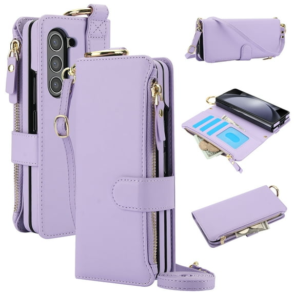 Wallet Case for Samsung Galaxy Z Fold 6, PU Leather Flip Cover with RFID Blocking Card Slots Zipper Pocket, Hand Strap Kickstand Magnetic Clasp Finger Ring Detachable Crossbody Strap, Violet