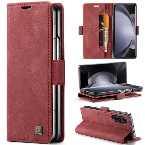 Wallet Case for Samsung Galaxy Z Fold 6, Premium PU Leather Card Slots Holder RFID Blocking Flip Cover with Magnetic Closure Stand Full Protection Shockproof Case for Samsung Galaxy Z Fold 6, Red