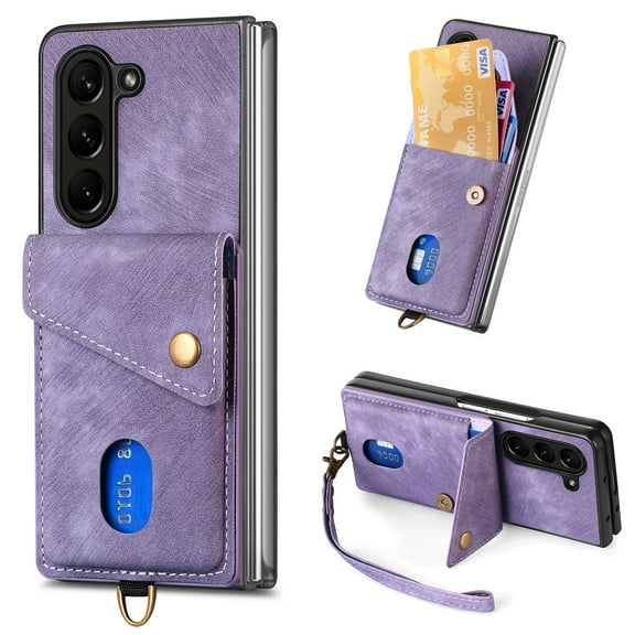 Wallet Case for Samsung Galaxy Z Fold 6, Retro Premium Leather Credit Card Holder RFID Blocking Case with Wrist Strap Stand Magnetic Clasp Flip Anti-Scratch Cover For Samsung Galaxy Z Fold 6,Purple