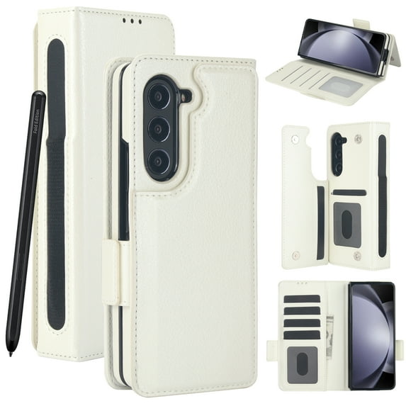 Wallet Case for Samsung Galaxy Z Fold 6 with S-Pen Holder and Credit Card Slots, Premium PU Leather RFID Blocking Magnetic Closure Flip Phone Case Cover for Samsung Galaxy Z Fold 6, White