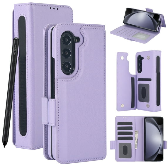 Wallet Case for Samsung Galaxy Z Fold 6 with S-Pen Holder and Credit Card Slots, Premium PU Leather RFID Blocking Magnetic Closure Flip Phone Case Cover for Samsung Galaxy Z Fold 6, Purple