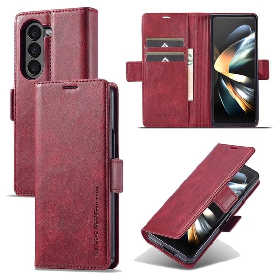 Wallet Case for Samsung Galaxy Z Fold 6, Shockproof PU Leather Magnetic Flip Cover with Card Holder, Stand Feature, Full Body Protection RFID Blocking for Samsung Galaxy Z Fold 6, Red
