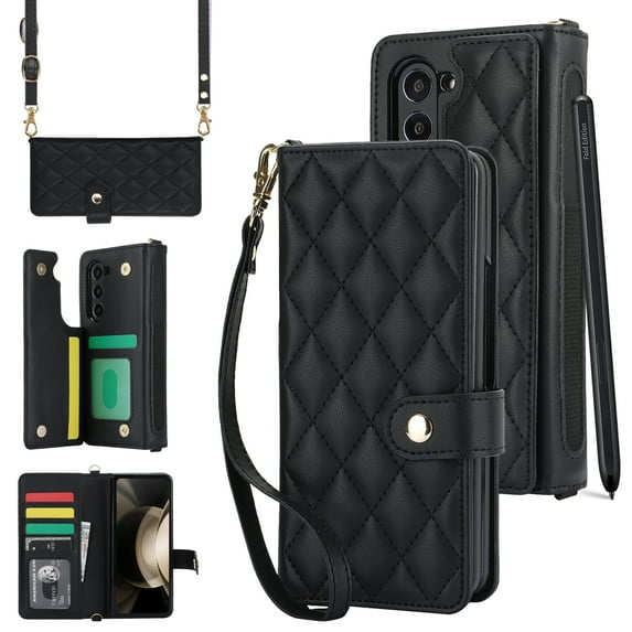 Wallet Case for Samsung Galaxy Z Fold 6 with Wrist Strap, Crossbody Shoulder Strap, Card Slots Purse Cover, Luxury PU Leather Stand Shockproof Phone Case for Samsung Galaxy Z Fold 6, Black