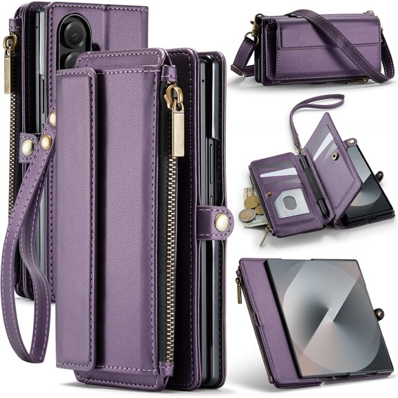 Wallet Case for Samsung Galaxy Z Fold 7,Samsung Fold 7 Phone Case with RFID Blocking Card Holder PU Leather Magnetic Snap Flip Zipper Strap Kickstand Women Men Cover for Galaxy Z Fold7,Purple
