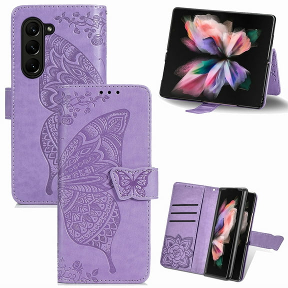 Wallet Case for Samsung Galaxy Z Fold 7,Women Folio PU Leather Case Wrist Strap Card Slots Holder Purse Embossed Butterfly Flower Stand Magnetic Closure Flip Full-Body Protective Case,Lightpurple