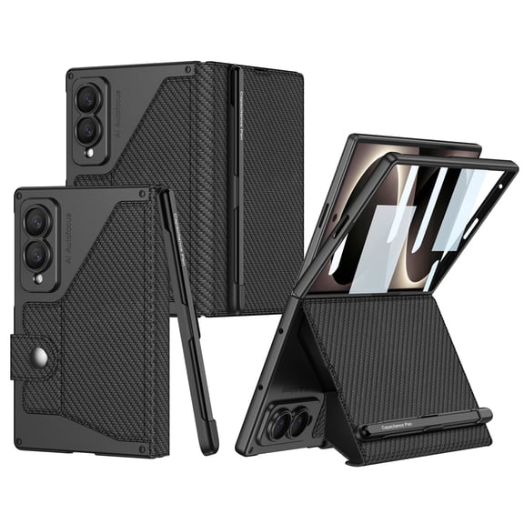 Wallet Case for Samsung Galaxy Z Fold 8 Case with Pen Holder, Shockproof Card Slots PU Leather PC Protective Stand Folio Slim Fit Magnetic Clasp Full Body Protection Phone Cover, Carbonfiber