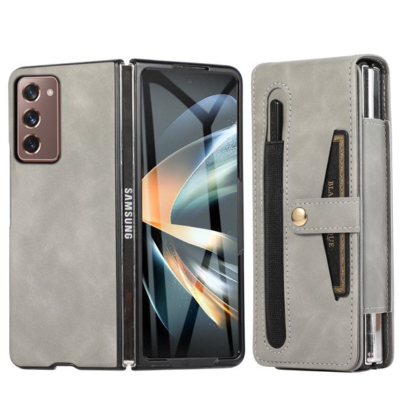 Wallet Case for Samsung Galaxy Z Fold2 Flexible Clip Card Slots Flip Case with Glass Screen Protective Film Pen Stylus, PU Leather Magnetic Snap Shockproof Full Protection Cover, Gray