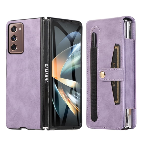 Wallet Case for Samsung Galaxy Z Fold2 Flexible Clip Card Slots Flip Case with Glass Screen Protective Film Pen Stylus, PU Leather Magnetic Snap Shockproof Full Protection Cover, Purple