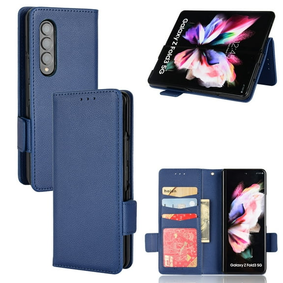Wallet Case for Samsung Galaxy Z Fold3, Soft Silicone Lychee Pattern PU Leather Shockproof Flip Cover with Card Slots Holder Magnetic Clasp Lock Drop Resistant Kickstand Phone Case,Darkblue