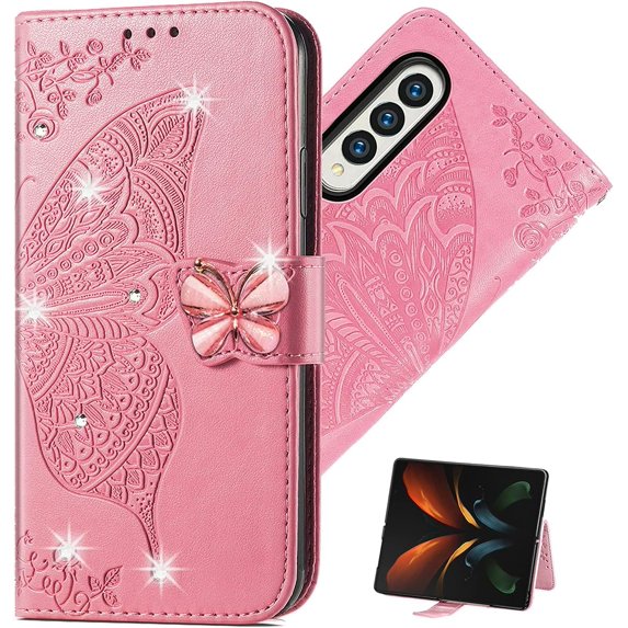 Wallet Case for Samsung Galaxy Z Fold4,3D Butterfly Pattern PU Leather Case with Magnetic Clasp and Cash Card Slots Holder Holster for Samsung Galaxy Z Fold4 5G, HZD Rhinestone Pink