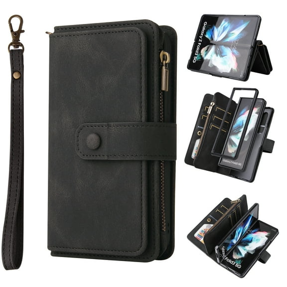 Wallet Case for Samsung Galaxy Z Fold4 5G 2022, Allytech PU Leather Flip Stand [15 Card Slots][1 Cash Holder][1 Ziper Pocket] Detachable Hand Strap Lanyard Shockproof Case for Women Men, Black