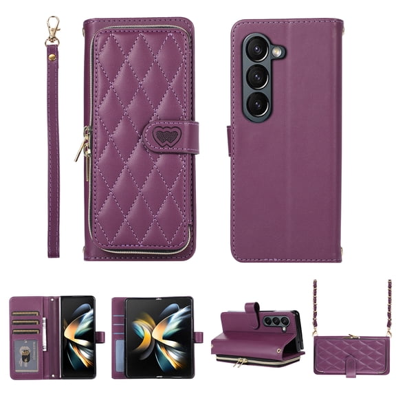 Wallet Case for Samsung Galaxy Z Fold5,Decase Elegant Stylish Crossbody Wallet Phone Cover with Wristlet Strap,Luxury PU Leather 2 in 1 Card Slots Holder Case for Samsung Z Fold 5 5G 2023 -Darkpurple
