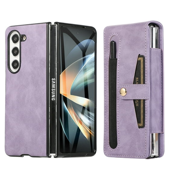 Wallet Case for Samsung Galaxy Z Fold5 Flexible Clip Card Slots Flip Case with Glass Screen Protective Film Pen Stylus, PU Leather Magnetic Snap Shockproof Full Protection Cover, Purple