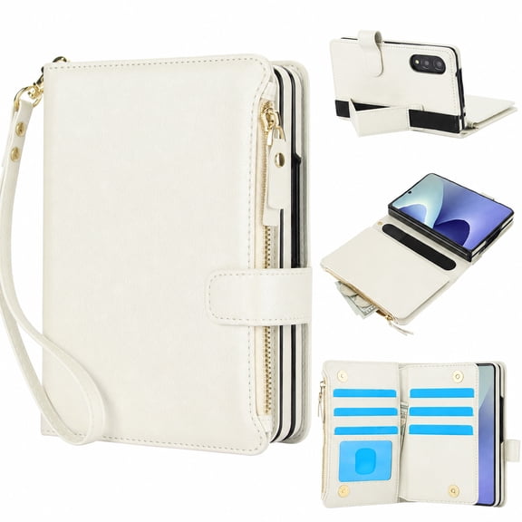 Wallet Case For Samsung Galaxy Z Fold8, Premium PU Leather Zipper Purse Flip Kickstand Cover with RFID Blocking 5 Card Slots, ID Window, Cash Pocket, Wrist Strap, Magnetic Closure,White