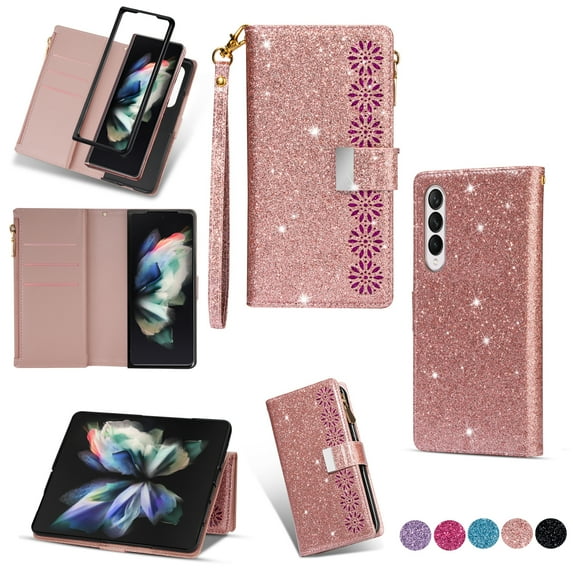 Wallet Case for Samsung Galaxy Z fold 4, Glitter Bling Flip Folio Leather Protective Magnetic Stand Zipper Purse Phone Cover with Card Slot Holder Wrist Strap for Women, Rosegold